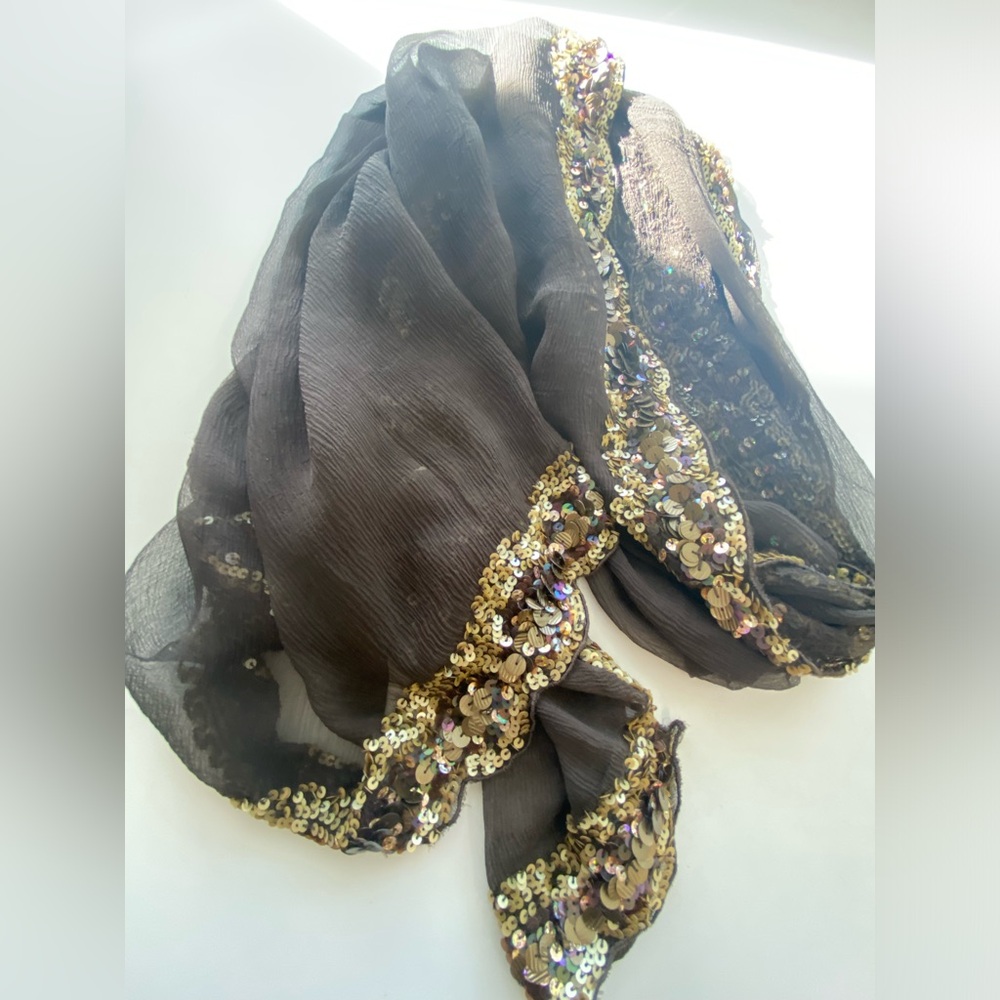 Oscar de la Renta 100% silk shawl, scarf wrap, beaded, made in India dark brown - Picture 8 of 16